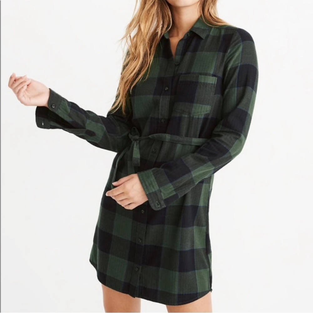 Abercrombie & Fitch green plaid flannel button up shirt dress size XXSP